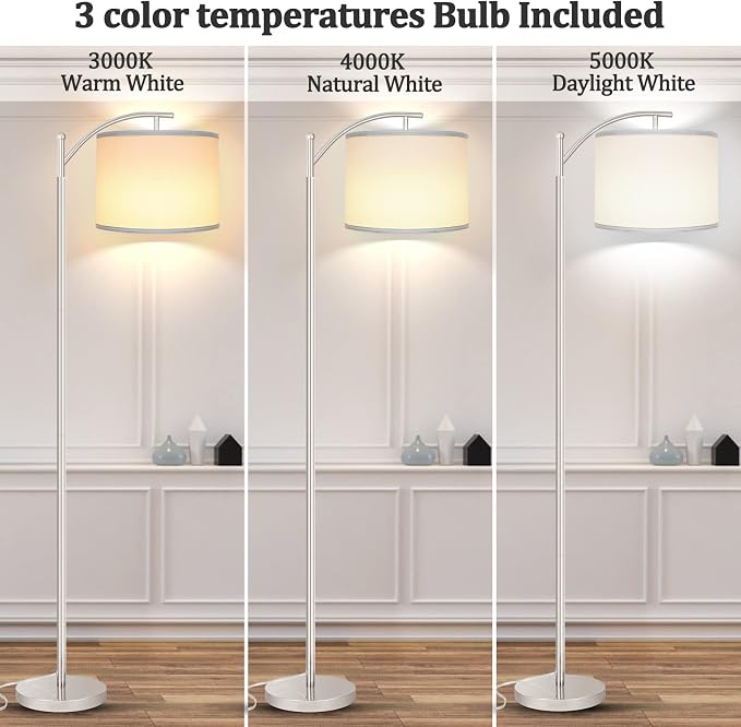 Floor Lamp for Living Room with 3 Color Temperatures LED Bulb, Standing Lamp Tall Industrial Floor Lamp Reading for Bedroom, Office (9W LED Bulb, White Lampshade Included) -Silver