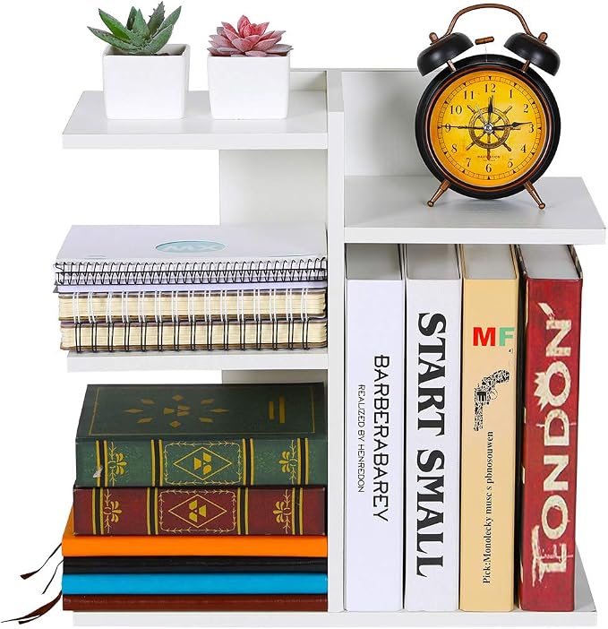 Wood Desktop Shelf Small Bookshelf Desk Supplies Organizers and Accessories Storage Display Rack Office Decor for Women, White