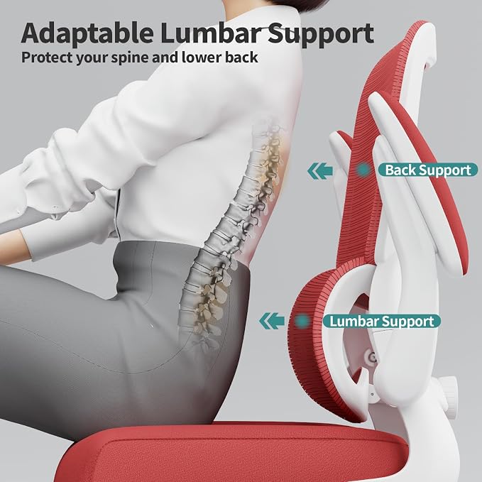 TRALT Office Chair - Ergonomic Desk Chair with Adjustable Lumbar Support, Mesh Computer Chair, Executive Chair for Home Office Comfortable Lumbar Support (1, White Red)
