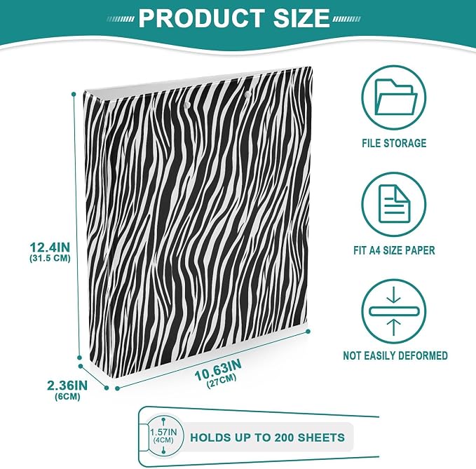 Zebra Print 3 Ring Binder 1.5 Inch 2 Pack with 200 Sheet for Kids School Supplies Women Men Office