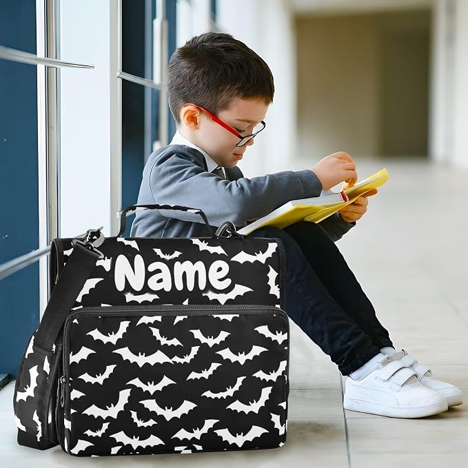 Custom White Bat Black Print 3 Ring Binder Bag 1.5 inch Personalized Name Binder Organizer 500 Sheet Documents Storage for School Office