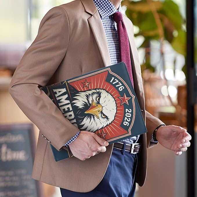 Dreaweet America's 250 Years Leather Portfolio Case Retro Patriotic Badge Padfolio Cover Conference/Resume/Legal Document Organizer with Letter/A4 Size Clipboard,Business Card Holders