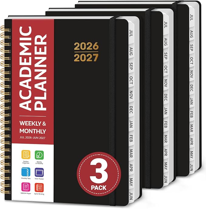 Taja 3 Pack Planner 2026-2027, Jul 2026-Jun 2027 Monthly & Weekly Planner | 6.3" x 8.5", Hardcover Academic Calendar for Women & Men, Teacher Student Planning Book for Office School Supplies, 3 Black