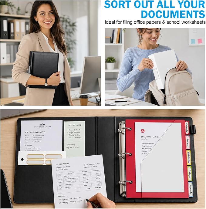 Meetory 2 Pack Binder 5.5" x 8.5", 1 Inch Rings, Leather Vintage Hardcover | holds 500 sheets,180° flat-lay,portable for easy document arrangement, Black & White Mini 3-Ring Binders with index dividers