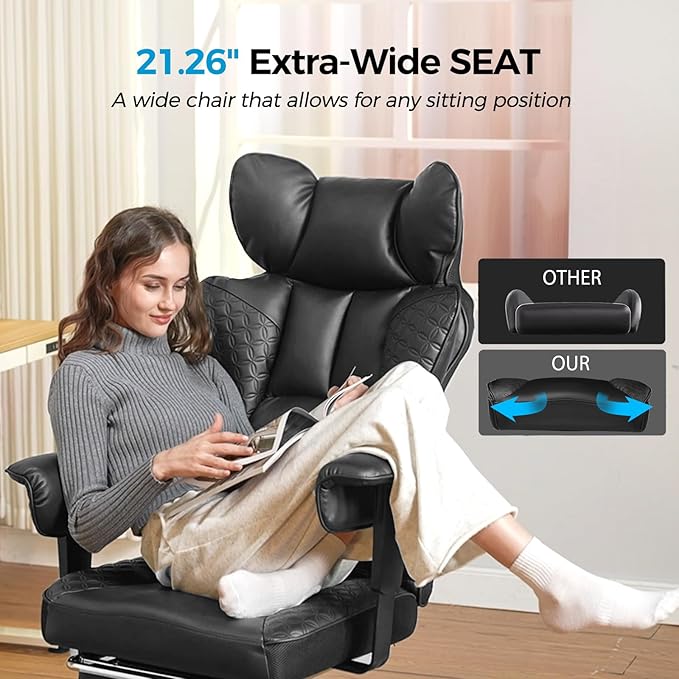 COMHOMA Big and Tall Office Chair Heavy Duty Wide Ergonomic Gaming Chair with Deluxe Embossing Designed Leather with Foot Rest,150°Reclining Adjustable Armrests Pocket Spring Back Support and Pillow