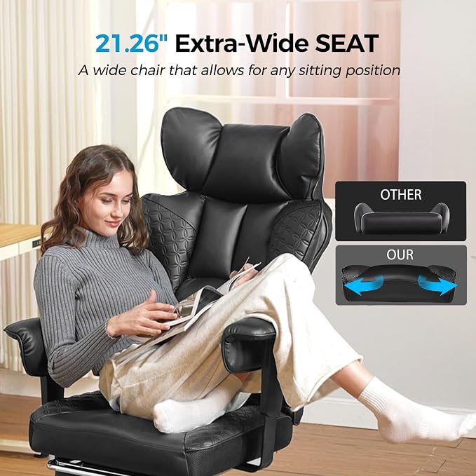COMHOMA Big and Tall Office Chair Heavy Duty Wide Ergonomic Gaming Chair with Deluxe Embossing Designed Leather with Foot Rest,150°Reclining Adjustable Armrests Pocket Spring Back Support and Pillow