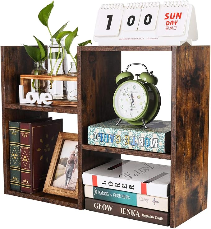 Desktop Shelf Freestanding Wooden Small Bookshelf Desk Supplies Organizers and Accessories Storage Display Rack Office Dorm Decor for Women, Antique Brown