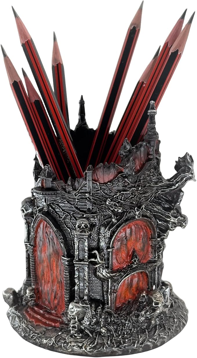 LOOYAR Gothic Inferno Castle Resin Pen Holder for Office & Home Decor | Gothic inferno castle design Premium resin with fine details Holds pens or makeup tools Works For desk vanity aquarium decor