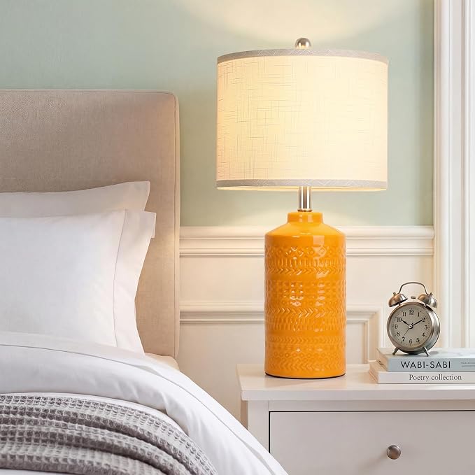 JUNNAI 25" Modern Orange Ceramic Table Lamp for Living Room Nightstand 3-Way Dimmable Farmhouse Lamp for Bedroom Bedside Entryway Tabletop Office with White Slub Fabric Lampshade (Bulb Included)