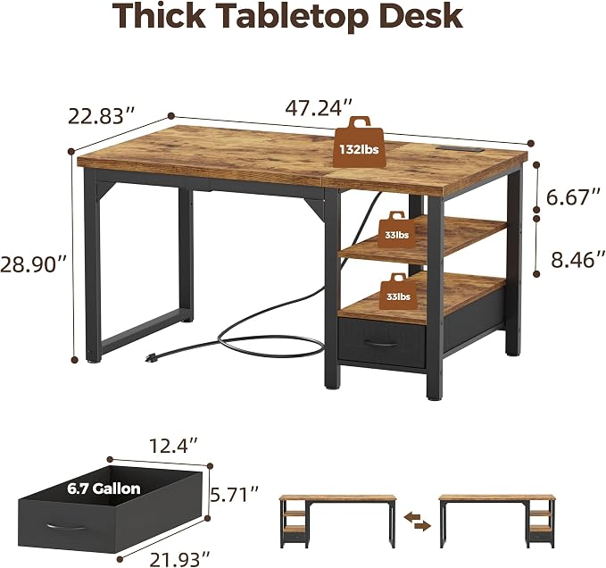 48" Computer Desk with Drawer, 1.2" Thick Reversible Office Desk | Modern Writing Table with Power Outlets & Storage Shelves, Heavy Duty Industrial Study Desk for Home Bedroom Work