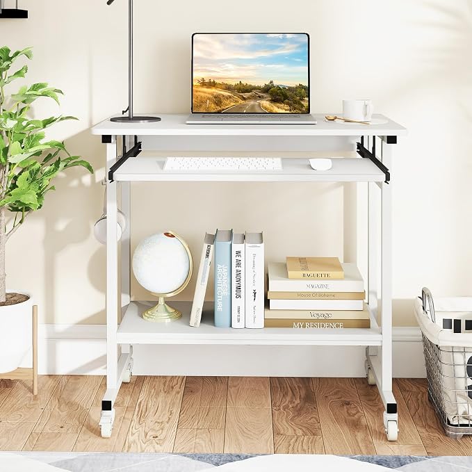 GIANTEX Rolling Computer Desk, Mobile Portable Desk with Keyboard Tray & Wheels, Laptop PC Table Cart with Shelf & Hooks, Industrial Small Desk for Small Spaces, Home Office, Bedroom, White