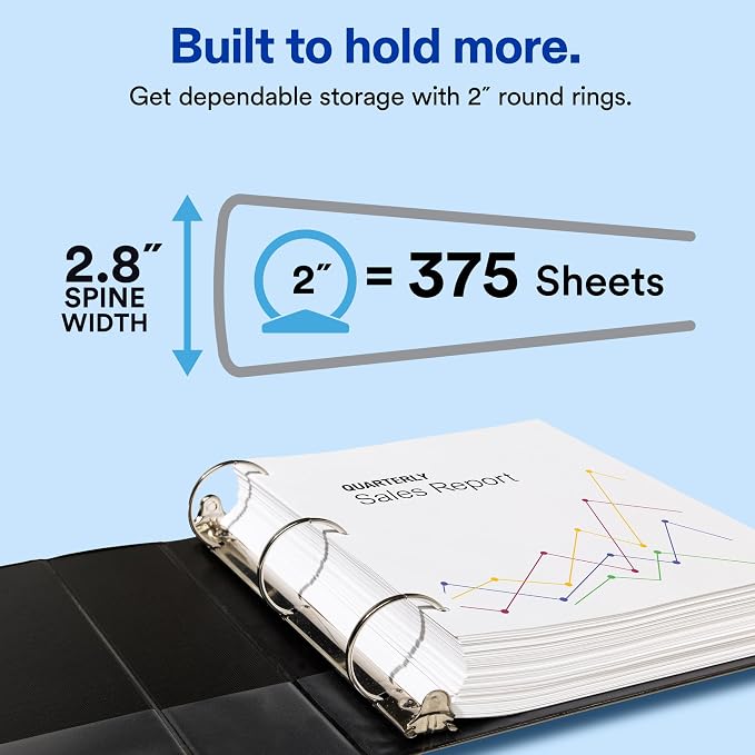 Avery Standard View 3 Ring Binders, 2" Round Rings, 375-Sheet Capacity, 2.8 Inch Wide Spine, Black Binders, Ideal for Lightweight Organization and Occasional Referencing (12-Pack of 05730)