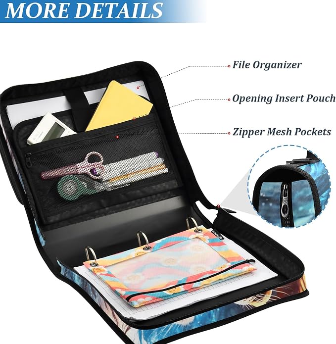 3 Ring Zipper Binder With Shoulder Strap Documents Storage Organizer Green Fire Dragon