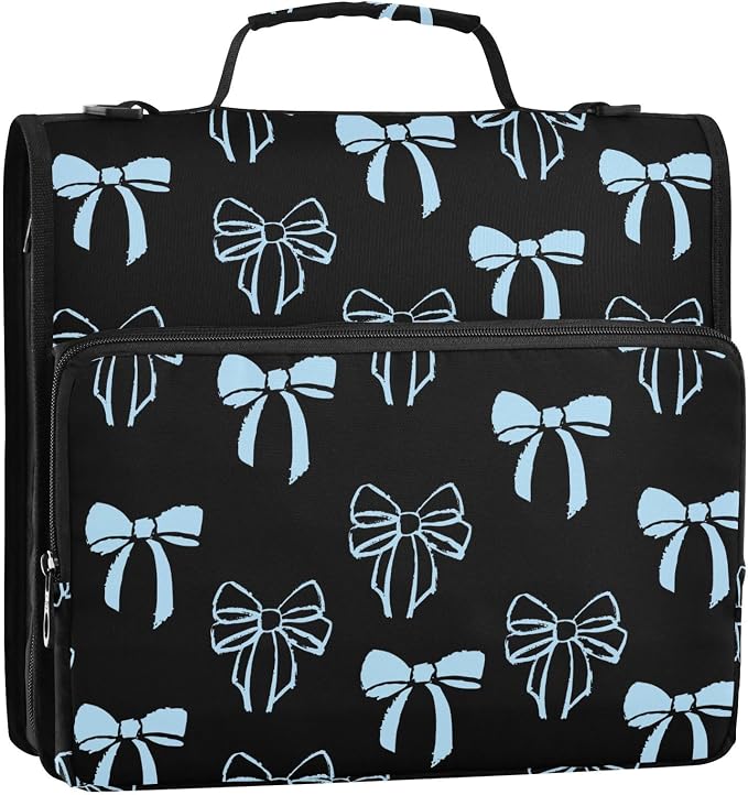 Bow Knot Blue Black Zipper Binder with Shoulder Strap Bag 3 Ring Binder Organizer Large Capacity Multiple Compartments for School Office
