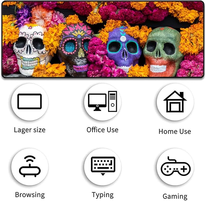 Extended Gaming Mouse Pad Desk Pad Keyboard Pad, Mouse Wrist Rest and Coaster, Anti-Slip Rubber Base Mouse Pad, Suitable for Gaming and Office, Candy Skull