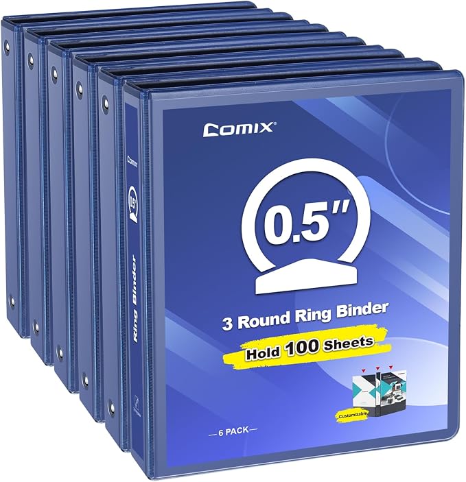 COMIX Sturdy 0.5 Inch 3 Ring Binder with Clear View Cover | 0.5"Heavy Duty Round Ring,PVC-Free Board,Holds 100 Letter Sheets,Wholesale for Offices & Classrooms,6 Pack (Dark Blue)