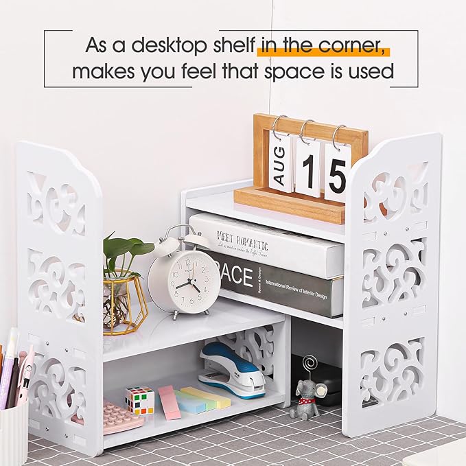 YGYQZ Desk Shelves Desktop Orgnizer Shelf-White Office Organization for Top of Adjustable Desk Organizers and Corner Bookshelf Table Top Shelving Small Hutch Decorations for Women Office