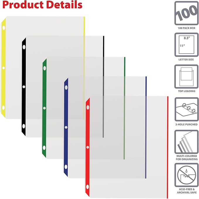 Better Office Products Color Edge Sheet Protectors, 100/Box, Color Coded Edges, 8.5 x 11 Inches, 5 Assorted Colors, 100 Pack