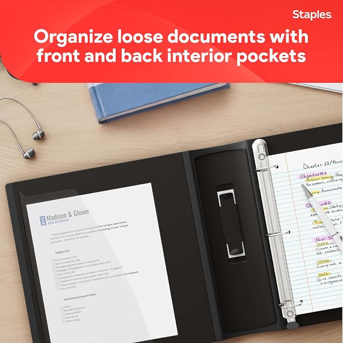 Staples Better Binder, 5 Inch D-Ring, Black, Reinforced Spine | High-capacity 3-ring binder holds up to 1,050 sheets for bulk storage.