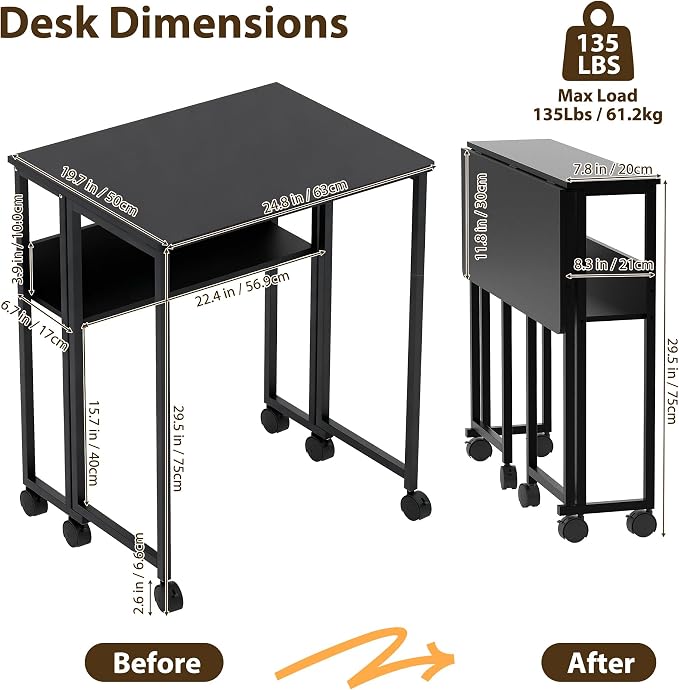 24.8" Folding Desk Rolling Desk with Storage Shelf,Space-Saving Foldable Computer Desk with Wheels,Portable Mobile Couch Sofa Side Table for Small Spaces, Home Office, Study, Easy Assembly,black