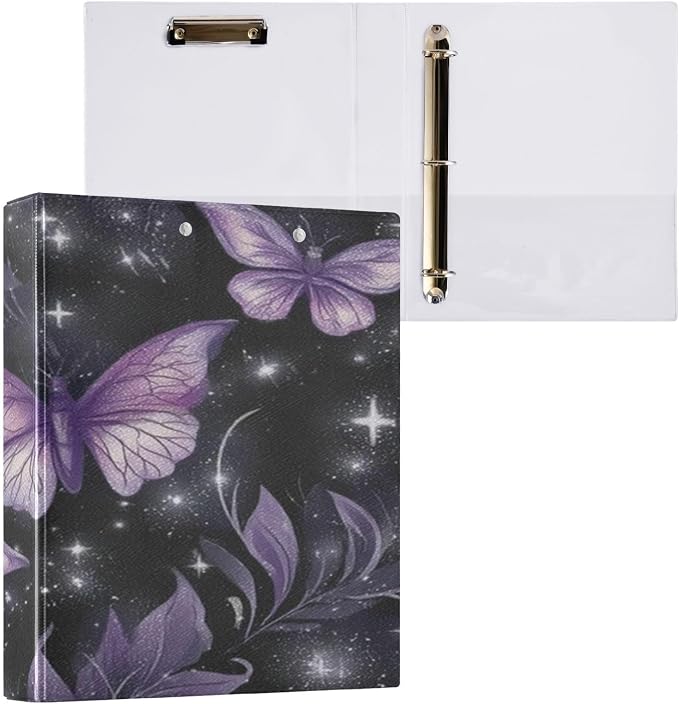 Purple Butterflies 3 Ring Binder 1.5 Inch Binders Organizer with Clear Interior Pockets Binder for School Office Work 1 Pack