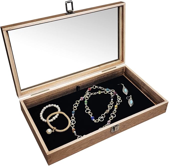 MOOCA Wood Jewelry Display Case with Tempered Glass Top, Velvet Pad | Wood display case with a glass top and removable black velvet pad accommodates taller jewelry and collectibles.