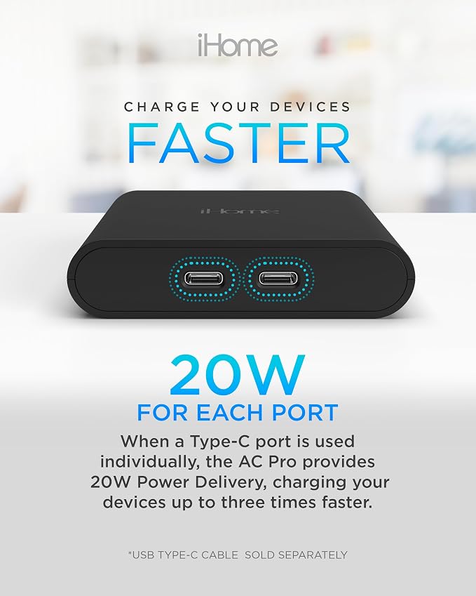 iHome Multiport 40W USB-C Charger, AC Pro 2-Port Flat Block, Dual Fast Charging Wall Adapter | Foldable Prongs, Fast Charging, 2.5x Faster, Charges iPhone, Android, iPad, AirPods, 2 USB-C Ports, Multiport Plug for Home