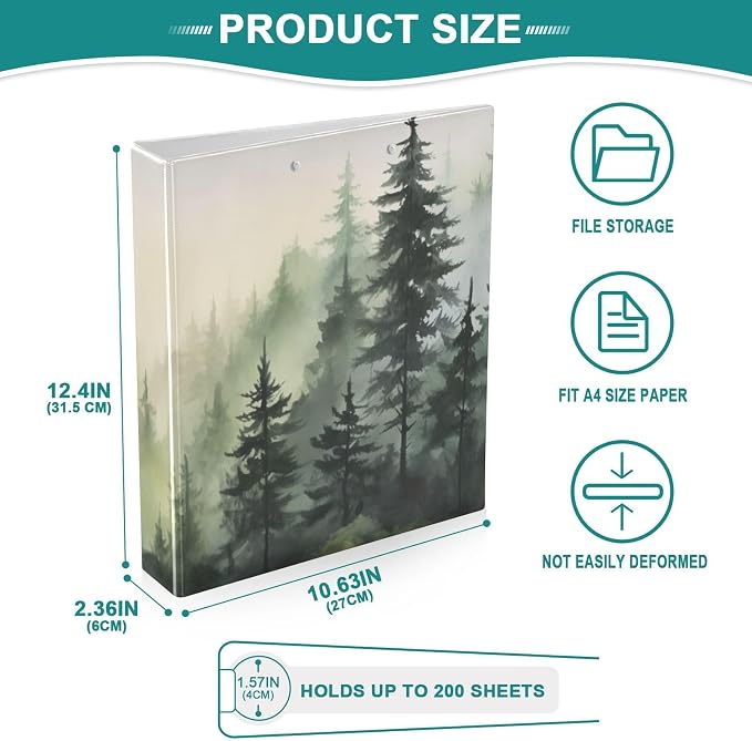 3 Ring Binder with Mountain Forests Design - 1.5 Inch Heavy Duty Three-Ring Binder with 2 Pockets, Round Rings for Office Supplies (Letter Size)