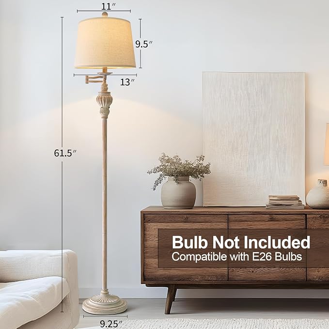 Vintage Floor Lamp with 350° Adjustable Swing Arm 61" Lamps for Living Room | Antique Standing Lamp, Retro White Bedroom Floor Lamp, Mid Century Farmhouse Rustic Traditional Brass Tall Swivel Pole Lamp