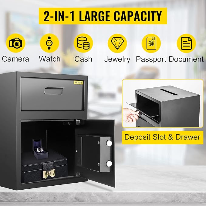 VEVOR Digital Depository Safe 1.7 Cubic Feet with Deposit Slot Black | for Home Hotel Restaurant Office Electronic Code Lock with Two Emergency Keys Pry-Proof Locking Bolts Two independent Spaces