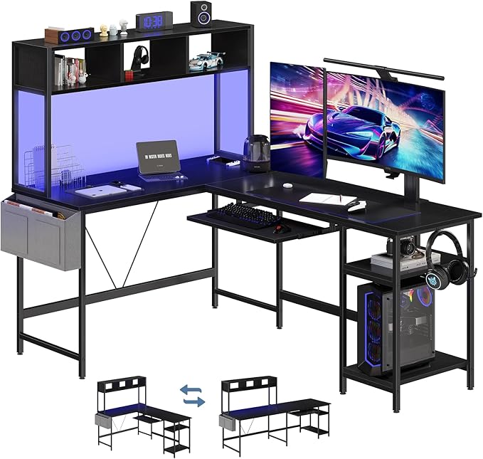 DUMOS 67" L Shaped Gaming Desk, Reversible Computer Desks with LED Lighting | Corner Desk for Compact Spaces, Keyboard Tray & Storage Shelf, Home Office, Black