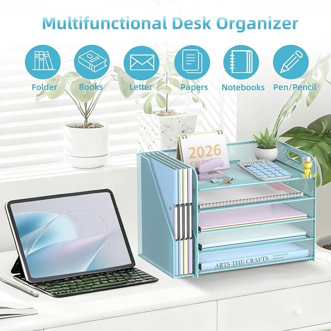 5-Tier Desk Organizer with File Holder, Paper Organizer for Desk, Blue | 5 Letter Trays and Vertical File Holder with Metal Mesh Frame for Papers Folders Books and Mail in Office Home or School