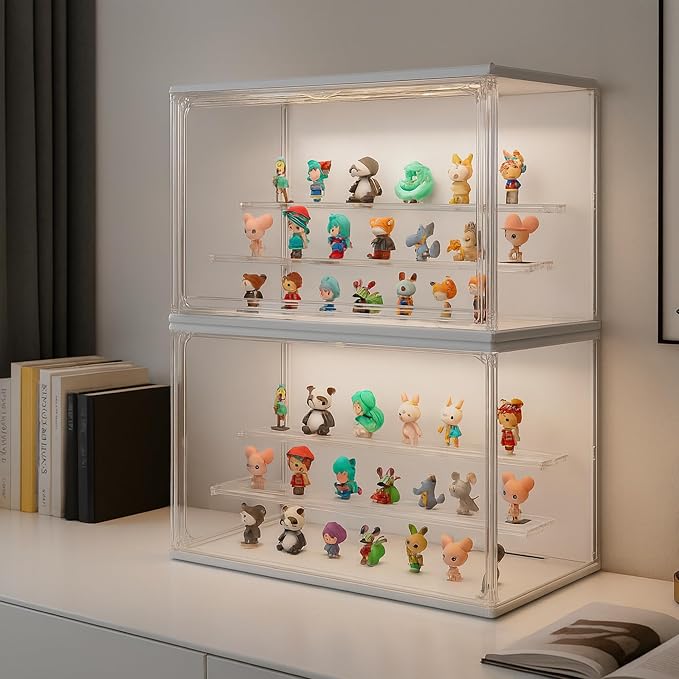 Clear Display Case for Collectibles, 3-Tier Stackable LED Figure Display Case with Magnetic Door, Adjustable Showcase for Models, Miniatures, Jewly (White, 17.6H-2PCS)