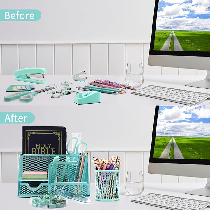 12 in 1 Green Desk Organizers & Accessories Set for Office & Home & School | Teal Green Office Supplies for Coworkers Students, Include Stapler, Pen Holder, Tape Holder, Scissors, Ruler, Staple Remover