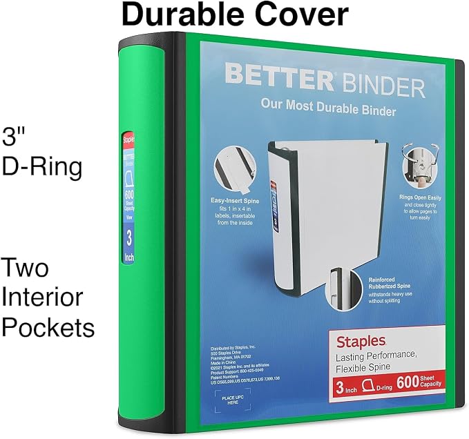 Staples Better Binder, 3 Inch D-Ring, Green, 600 Sheets, 2-Pack | Reinforced spine for durable organization in office, school, or presentations.