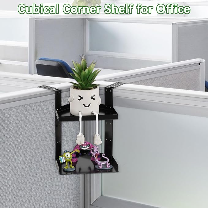 Office Cubicle Shelf, Double Layer Cubicle Storage with Adjustable Hooks | Shelf Organizer Accessories, Height Adjustable Hanging Corner Shelf Store for Plant, Book, Photo Frames, Paper Towel, Black