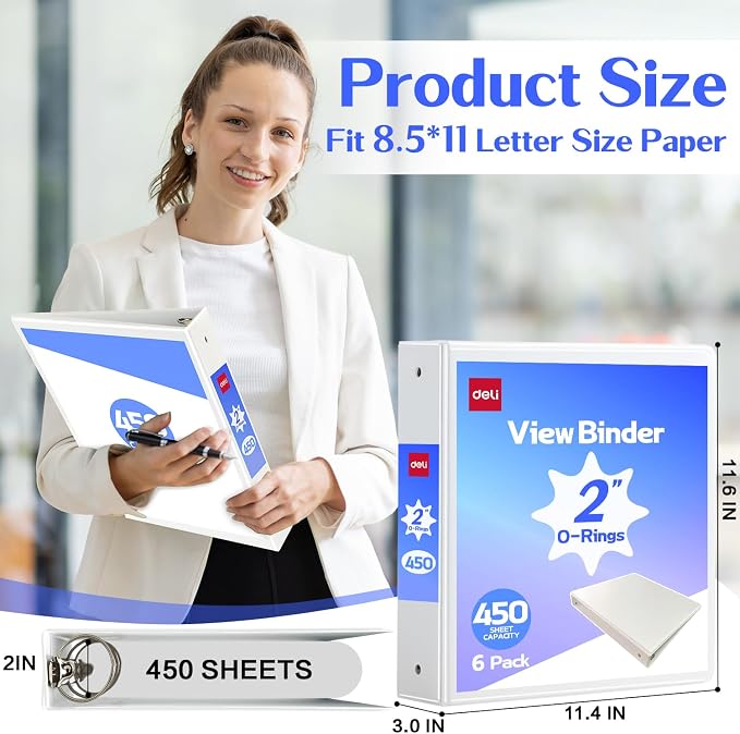 deli 2-inch 3 Ring Binder 6 Pack,11" x 8.5" US Letter Size,White | 2 inch Binders with 2 Interior Pockets, 450 Sheets Capacity
