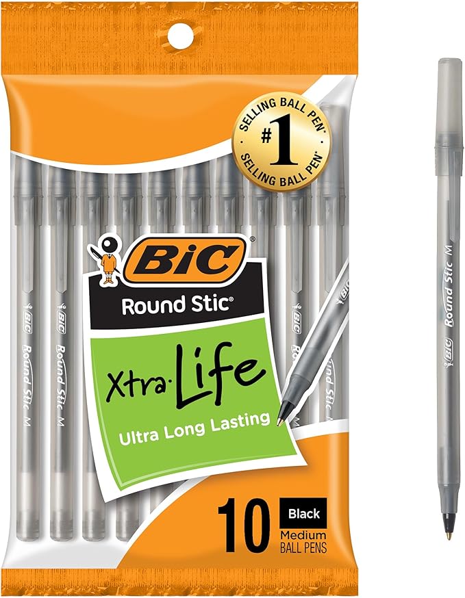 BIC Round Stic Black Ballpoint Pens, Medium Point, 1.0mm, 10-Count