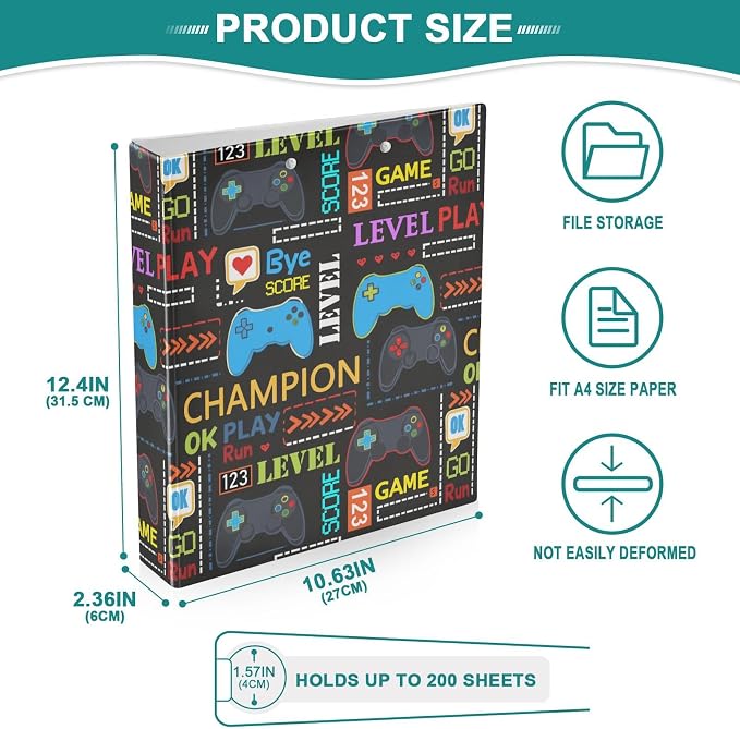 Aslsiy 3 Ring Binder 1.5 Inch Boy Pixel Start Play Round Clipboard Binder Decorative Harcover Binders Organizer for Office Supplies