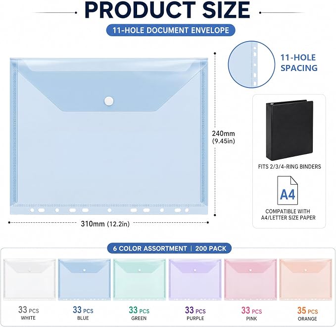 Handepo 200 Pack Binder Pockets Bulk, Plastic Binder Folders with Tight Closure Side Loading, Assorted Colors Transparent Folders Dividers with Pockets for Document Paper Home Office Supplies