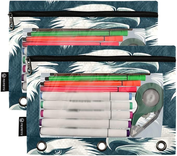 Eagles Head Pencil Pouch for 3 Ring Binder, 2 Pack Waterproof Pencil Bags Clear Window Pencil Case Zipper School Office Supplies
