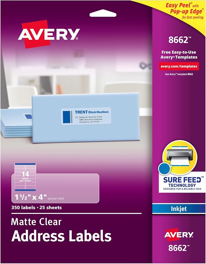Avery Printable Address Labels with Sure Feed, Matte Clear, 1-1/3" x 4", 350 Mailing Labels (08662)