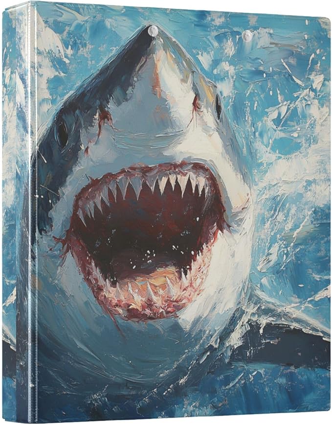 Caikeny 3 Ring Binder Oil Painting Sharks Fish Underwater Watercolor 1.5 Inch Binders Round Ring Clipboard with 2 Pockets for Office Supplies