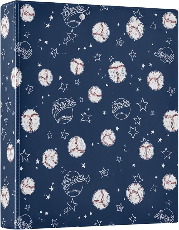 Baseballs and Stars Round Ring Binders 1.5 Inch Softball White Blue Purple 3 Ring Clipboard Binder for Office School Work Supplies File Folder 200 Sheet Capacity