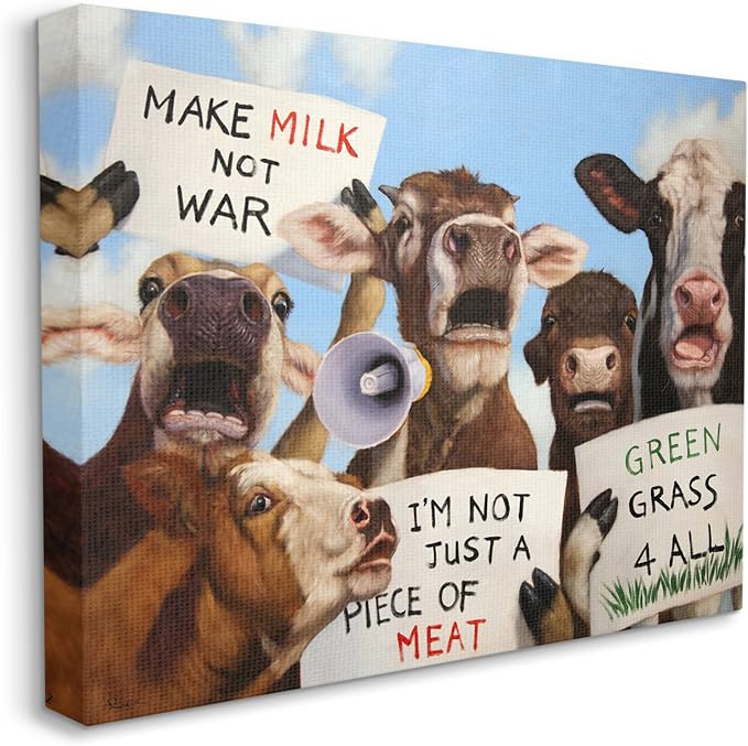 Protesting Cows Funny Country Farm, 30 x 40 Inch Canvas Wall Art | Stupell Industries · By Lucia Heffernan · Ready to hang · Farmhouse humor for any room · Made in USA