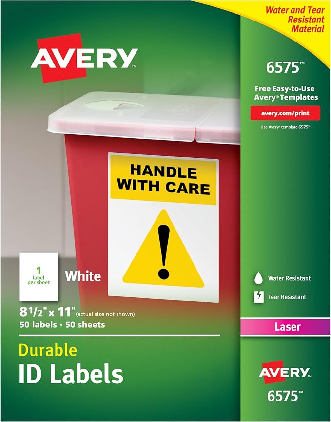 Avery Durable White Cover Up ID Labels for Laser Printers, 8.5" x 11", Pack of 50 (6575)