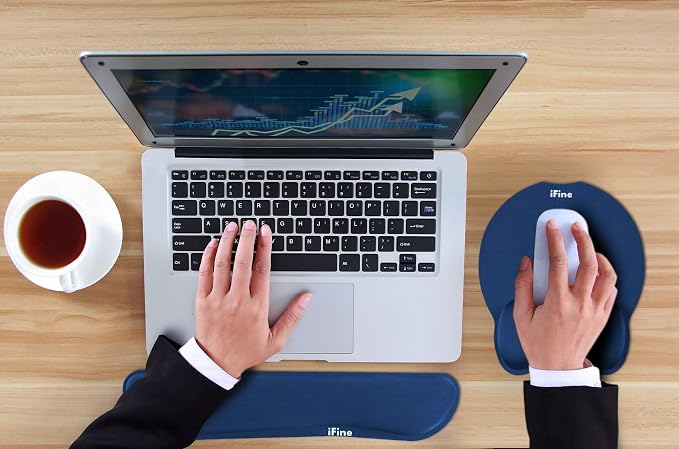 iFine Upgrade Enlarged Superfine Fibre Soft Smooth Memory Foam Ergonomic Mouse Pad & Keyboard Wrist Rest for Desktop Laptop Mac Gaming Office School or Home for Stress Free Typing (Blue Two Sets)
