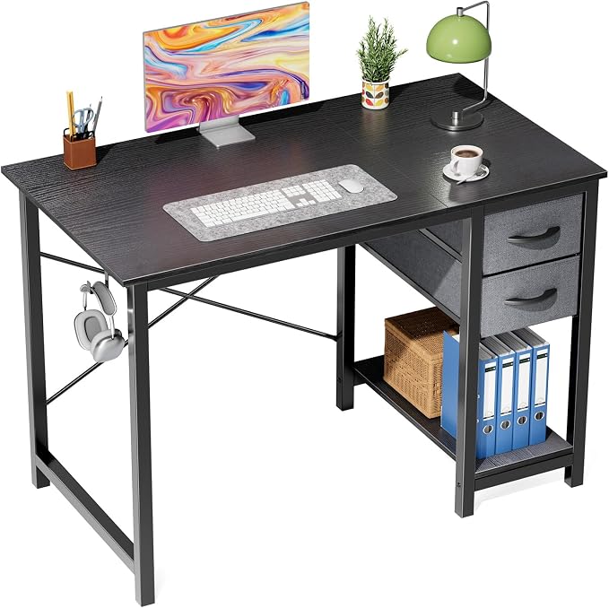 Sweetcrispy 40-Inch Computer Desk with Drawers, Office Desk, Black | Small Desk for Bedroom Home Office with Side Hook, Modern Simple Desk with Storage for Writing