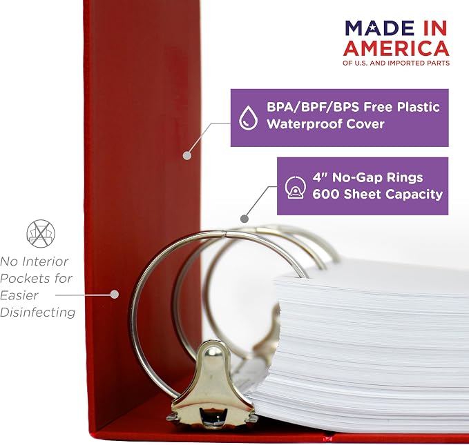 Carstens 4-Inch Heavy Duty 3-Ring Binder - Side Opening, Brick Red, Durable Plastic, Precision No-Gap Rings, Waterproof Cover, No Pockets, Holds 600 US Letter Sheets, BPA-Free, Made in USA (1840-3R)