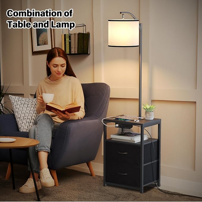 SUNMORY Floor Standing Lamp with Table & 2 Drawers, USB & AC Charging Port | 3 Color Temperature LED Bulb, Modern Nightstand for Bedroom, Shelves End Side Table Lamp for Living Room Home Office, Black